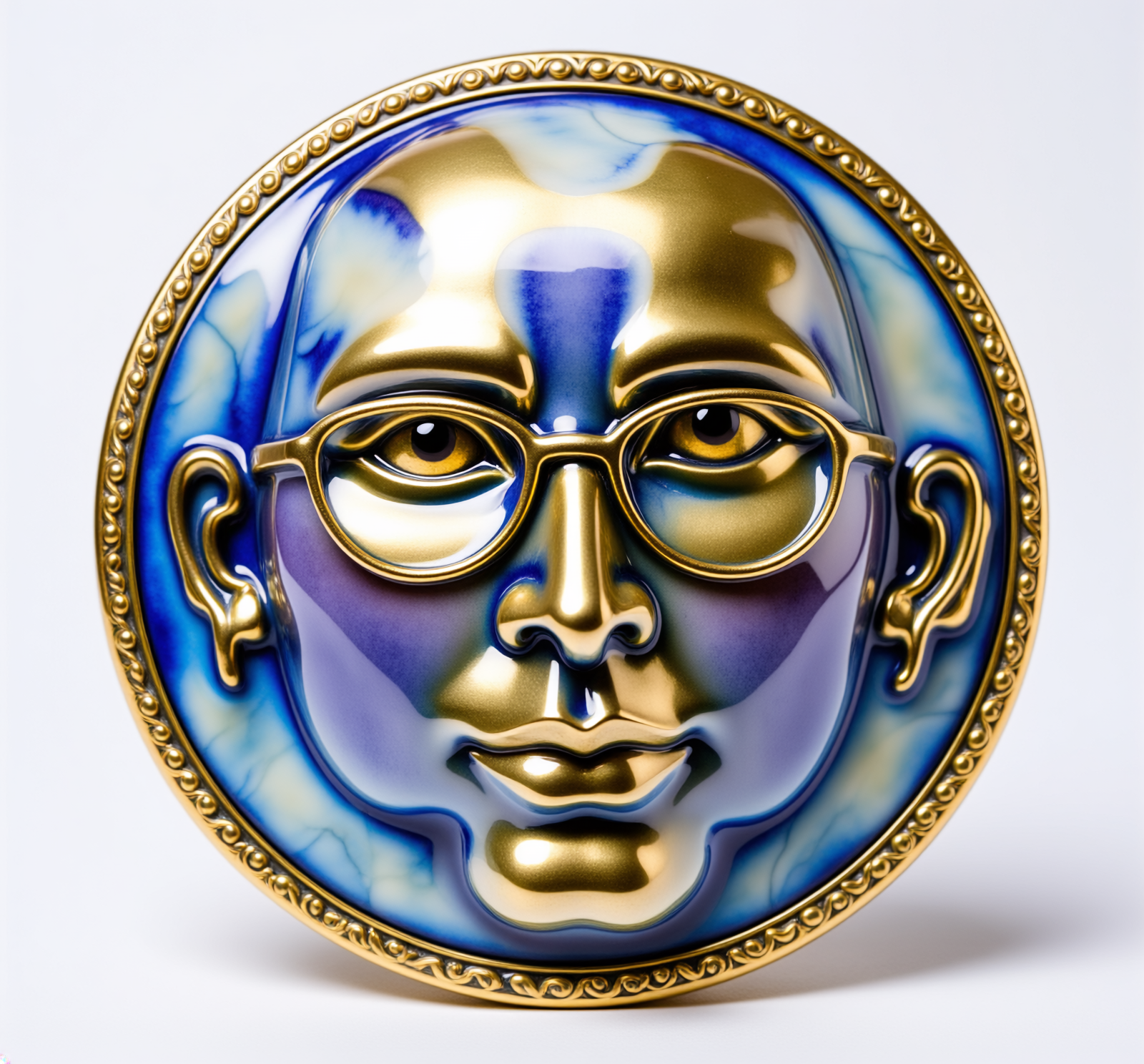 Firefly_ornate antique enamel medallion sculpture of THE FACE, with glasses, caustic light pa 634131